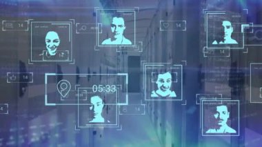 Sunucu odasının üzerinde insan simgeleri canlandırması. küresel teknoloji ve dijital arayüz kavramı dijital olarak oluşturulmuş video.