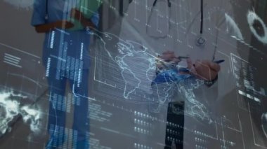Animation of scientific data processing over caucasian male doctor using tablet. global medicine, science, research, data processing concept digitally generated video.