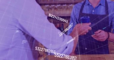 Animation of data processing over biracial man holding cup of coffee. global business and digital interface concept digitally generated video.