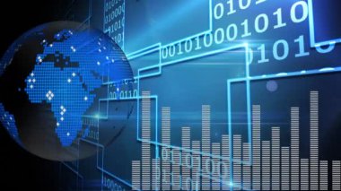 Siyah arka planda dünya ve veri işleme animasyonları. küresel iş ve dijital arayüz kavramı dijital olarak oluşturulmuş video.