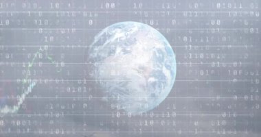 Dünya ve manzara üzerinde ikili kodlama veri işleme animasyonu. küresel ortam, hesaplama, veri işleme ve dijital arayüz kavramı dijital olarak oluşturulmuş video.