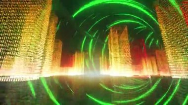 Dijital tünelde dijital şehrin animasyonu. Sosyal medya, bağlantılar ve dijital arayüz konsepti dijital olarak oluşturulmuş video.