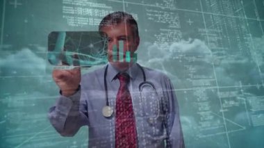 Kafkas erkek doktor üzerinden finansal veri işleme animasyonu. Küresel iş, finans, dijital arayüz ve bağlantılar konsepti dijital olarak oluşturulmuş video.