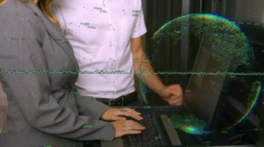 Animation of interference and globe over diverse business people in server room. global business, technology and digital interface concept digitally generated video.