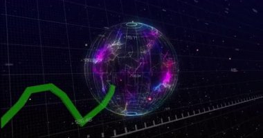Grafik dünya ve siyah arkaplan üzerinde animasyon. küresel finans, ekonomi, iş ve teknoloji kavramı dijital olarak oluşturulmuş video.