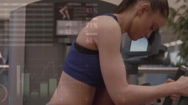 Kafkas sporcu kadın egzersizinde veri işleme animasyonu. global spor ve dijital arayüz konsepti dijital olarak oluşturulmuş video.