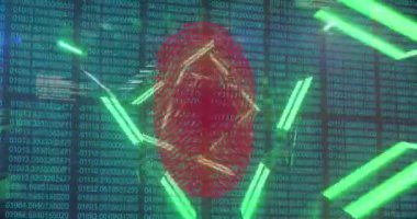 Karanlık arka planda dijital veri işleme ve parmak izi animasyonu. küresel internet güvenliği, veri işleme, bağlantılar ve dijital arayüz konsepti dijital olarak oluşturulmuş video.