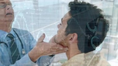 Animation of data processing over caucasian doctor with patient. Global medicine, technology, data processing and digital interface concept digitally generated video.