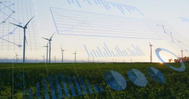 Finansal veri işleme ve rüzgar türbinlerinin animasyonu. küresel çevre, sürdürülebilirlik ve finans kavramı dijital olarak oluşturulmuş video.