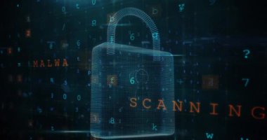 Asma kilit üzerinde veri işleme animasyonu. küresel iş ve dijital arayüz kavramı dijital olarak oluşturulmuş video.