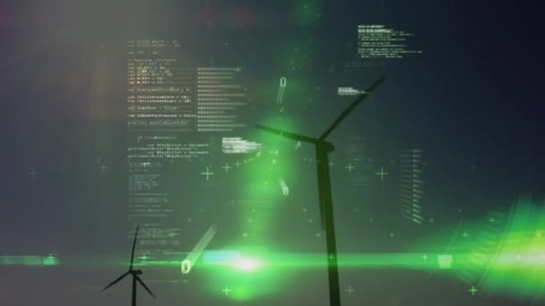 風力タービン上のデータ処理のアニメーション 世界的なビジネス 生態系 デジタルインターフェースの概念がデジタルで生成されたビデオ — ストック動画