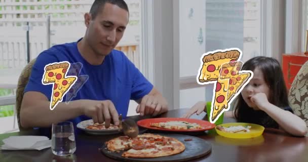 Animation Pizza Icons Caucasian Father Daughter Eating Pizza National Pizza — Stok video