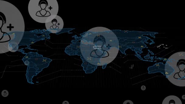 Kara Arkaplan Üzerinde Dünya Haritasıyla Veri Işleme Animasyonu Küresel Dijital — Stok video