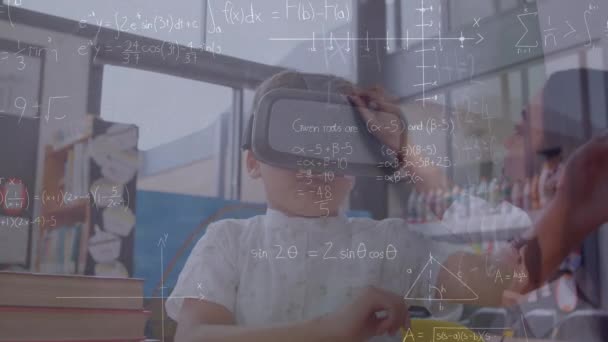 Animation Mathematical Equations Caucasian Schoolboy Using Headset Global Education Technology — Vídeo de stock