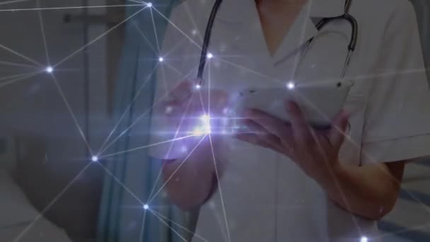 Animation Network Connections Caucasian Female Doctor Using Tablet Global Medicine — Video Stock