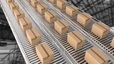Animation of cardboard boxes on conveyor belts over warehouse. global shipping, logistics and connections concept digitally generated video.