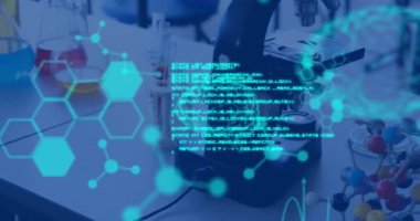Animation of data processing over laboratory equipment in lab. global science and digital interface concept digitally generated video.