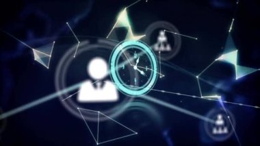 Animation of connections and clock moving over rotating globe. global network, connections, data and technology concept digitally generated video.