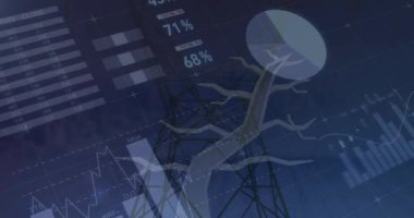Günbatımı gökyüzüne karşı ağaç simgesi ve mobil ağ kulesi üzerinde istatistiksel veri işleme. küresel ağ ve iş teknolojisi kavramı
