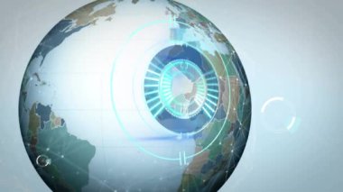 Gri arkaplanda 5G ve dünya üzerindeki işlem çemberinin animasyonu. küresel ağ, bağlantılar, veri ve teknoloji konsepti dijital olarak oluşturulmuş video.