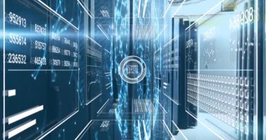 Sunucu odasında veri işleme animasyonu. Sosyal medya ve dijital arayüz konsepti dijital olarak oluşturulmuş video.