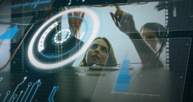 Animation of data processing over caucasian man checking servers. computers, network, data processing, communication and technology concept digitally generated video.