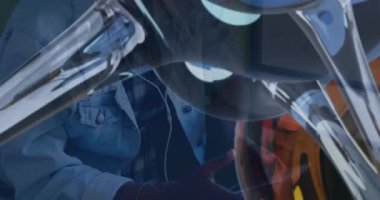 Animation of molecules over african american woman with earphones using smartphone. global technology and digital interface concept digitally generated video.