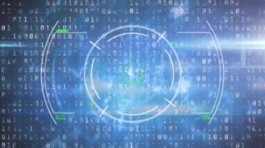 Donanma arka planında ışık ve görüntü bulucu ve ikili kod animasyonu. küresel ağ, bağlantılar, veri ve teknoloji konsepti dijital olarak oluşturulmuş video.