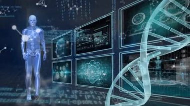 Veri işleme üzerinde DNA ipliği ve iskeletin animasyonu. küresel iş ve dijital arayüz kavramı dijital olarak oluşturulmuş video.