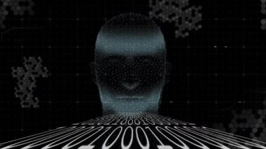 Dijital insan kafası üzerinde veri işleme animasyonu. küresel teknoloji, veri işleme ve dijital arayüz kavramı dijital olarak oluşturulmuş video.