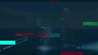 Koyu mavi arka planda veri işleme ve titreşen dikdörtgenlerin animasyonu. küresel hesaplama ve veri işleme kavramı dijital olarak oluşturulmuş video.