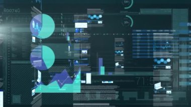 Veri işleme animasyonu ve mavi arkaplan istatistikleri. küresel hesaplama ve veri işleme kavramı dijital olarak oluşturulmuş video.