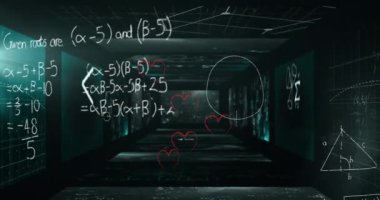 Siyah arka planda kalp ve veri işleme animasyonları. küresel iş ve dijital arayüz kavramı dijital olarak oluşturulmuş video.