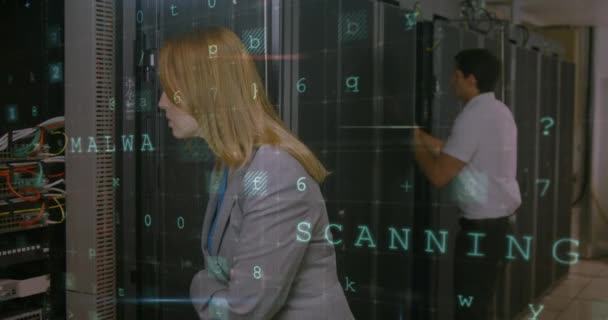 Animation Virus Warning Caucasian Woman Man Checking Servers Internet Security — Stock video
