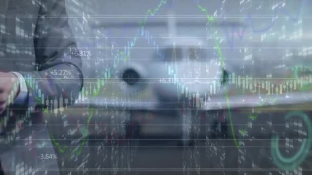Animation Data Graphs Midsection Caucasian Businessman Using Smartphone Business Finance — Vídeo de stock