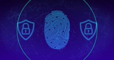 Mavi arkaplandaki bağlantılar ağı üzerinden asma kilit ve parmak izli dijital arayüz görüntüsü. Dijital ağ teknolojisi güvenlik konsepti dijital olarak oluşturuldu.
