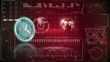 Animation of clock moving over data processing on black background. global business, finances, connections and digital interface concept digitally generated video.