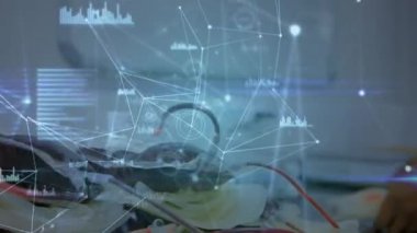 Kafkas doktorunun elleri ve damlaları üzerinden bağlantı ağının animasyonu. sağlık, tıp, bilim, bağlantılar ve teknoloji konsepti dijital olarak oluşturulmuş video.