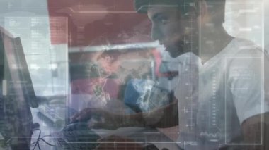Animation of connections with globe over biracial boy using computer at school. Network, connections, school, education and technology concept digitally generated video.