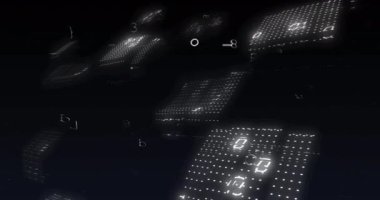 Siyah arka planda veri işleme ve asma kilit animasyonu. küresel iş ve dijital arayüz kavramı dijital olarak oluşturulmuş video.