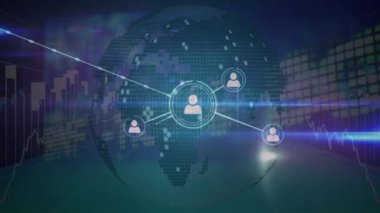 Karanlık arkaplan üzerindeki simgelerle bağlantı ağının animasyonu. küresel bağlantılar, veri işleme ve dijital arayüz konsepti dijital olarak oluşturulmuş video.