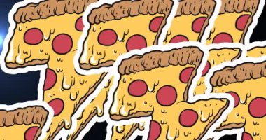 Siyah arkaplanı kaplayan pizza dilimlerinin animasyonu. fast food ve komik konsept dijital olarak üretilen video.