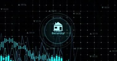 Statistical data processing and cyber security text over round scanner against black background. Global networking and cyber security technology concept