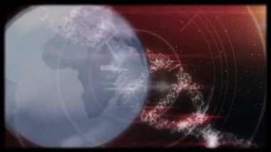 Kırmızı zemin üzerinde DNA, küre, bant makarası ve veri işleme animasyonu. Bilim, insan genomu, veri işleme ve teknoloji konsepti dijital olarak oluşturulmuş video.