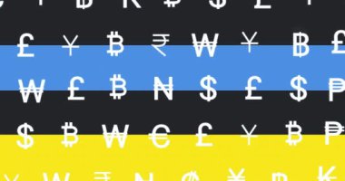 Animation of currency symbols over flag of ukraine. global business and ukraine crisis concept digitally generated video.