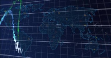 Karanlık arka planda finansal veri işleme animasyonu. küresel bağlantılar, veri işleme ve dijital arayüz konsepti dijital olarak oluşturulmuş video.