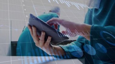 Animation of data processing over two doctors. Global medicine, technology, data processing and digital interface concept digitally generated video.