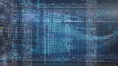 Sunucu odasında veri işleme animasyonu. küresel bağlantılar, bilgisayar ve dijital arayüz konsepti dijital olarak oluşturulmuş video.