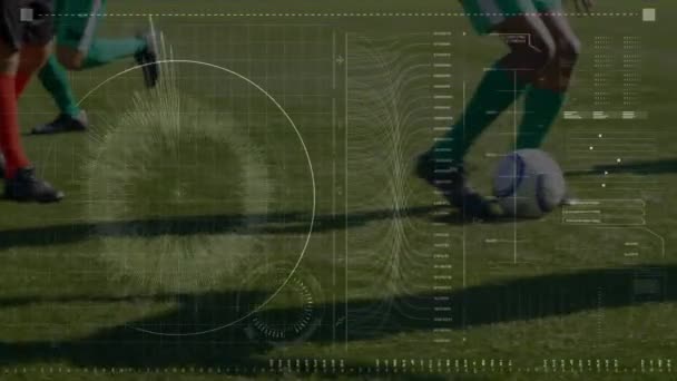 Animation Data Processing Legs Diverse Male Soccer Players Sports Field — Vídeos de Stock