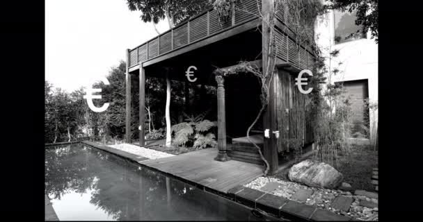 Animación Símbolos Del Euro Sobre Casa Blanco Negro Naturaleza Interfaz — Vídeos de Stock